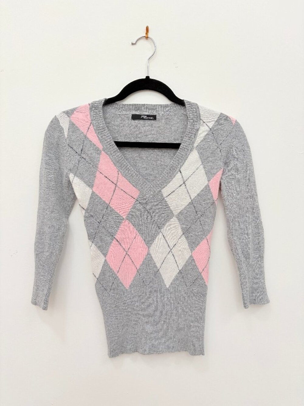 Jane Norman Y2K Argyle 1/2 Sleeve Vneck Sweater